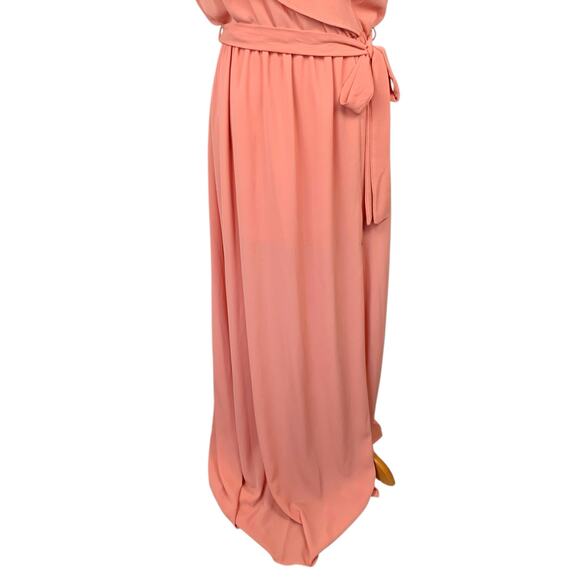 Vici Maxi Dress Peach Coral Flutter‎ Cape Sleeve Tie Waist Front Slit Women's L - Picture 4 of 9